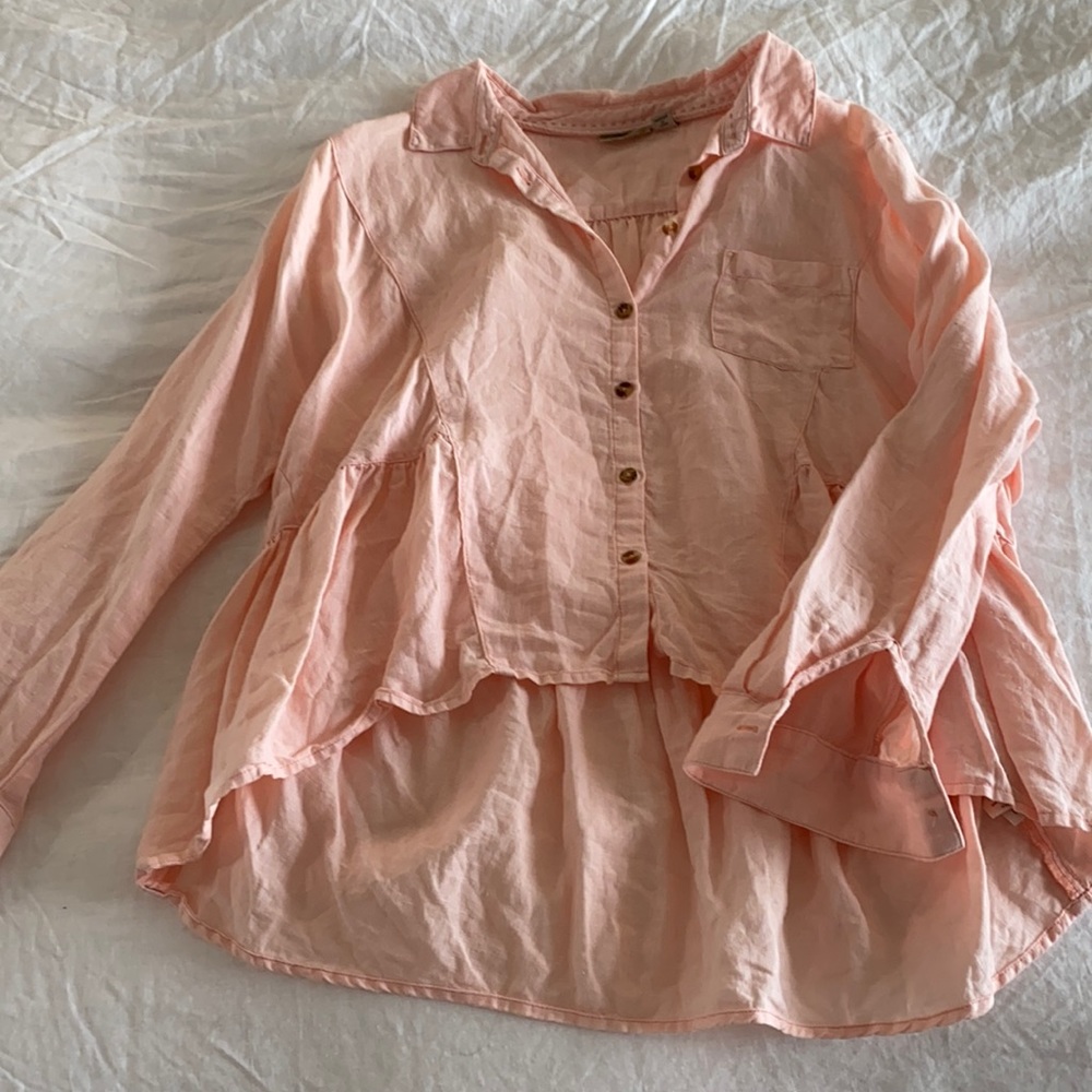 Beautiful asymmetrical button up linen blouse.